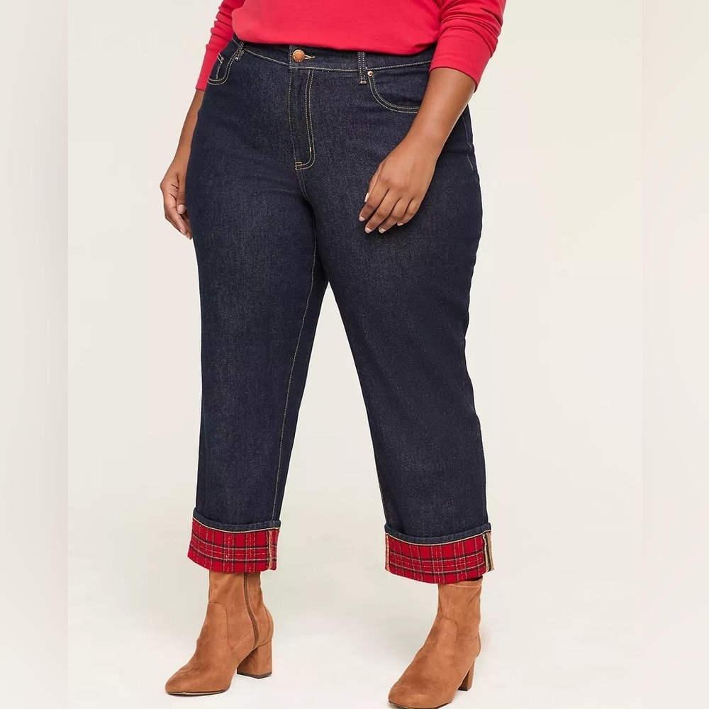 Lane Bryant Dark Blue Boyfriend Fit Jean With Lurex Shimmer Plaid Cuff, Size 18